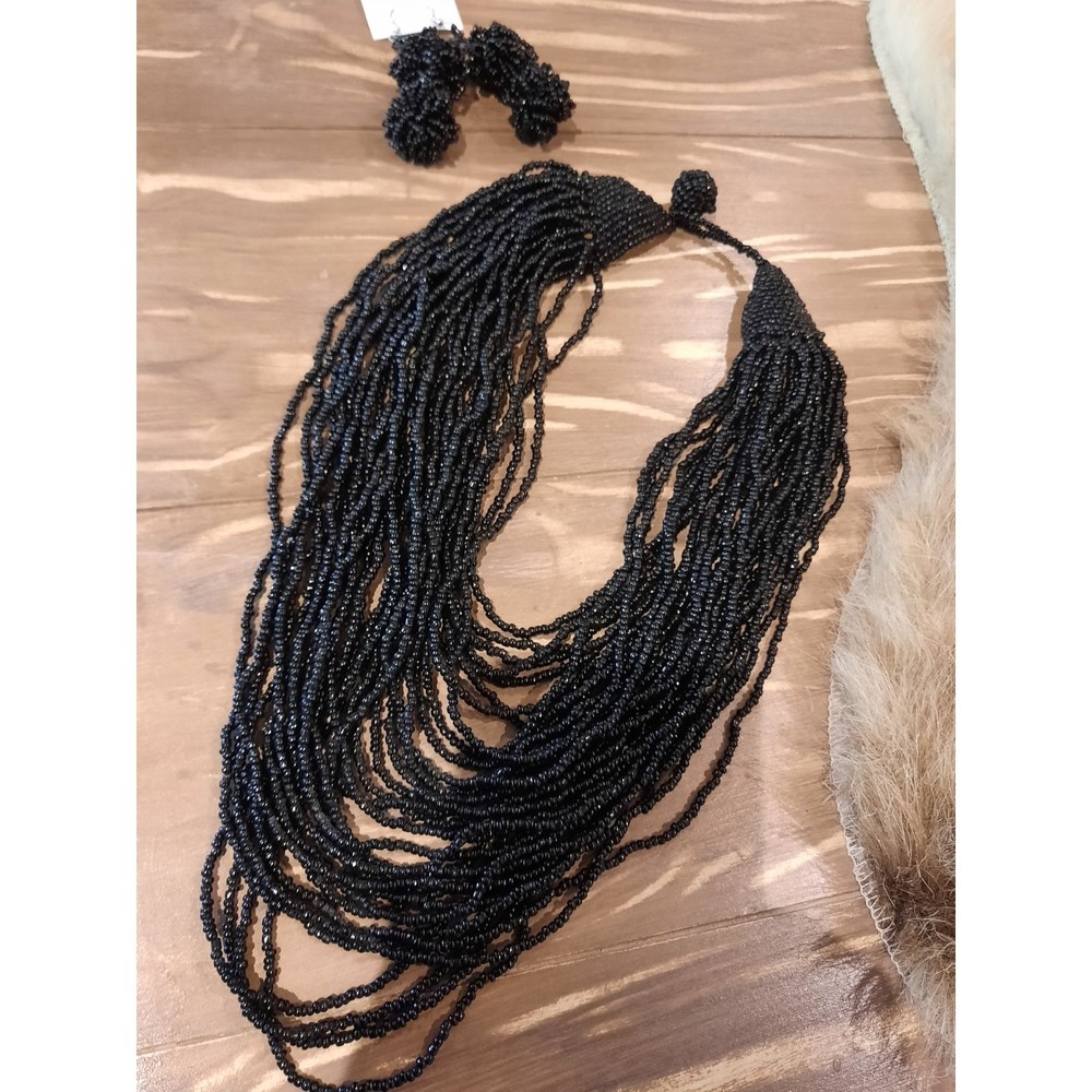 Black Multi Strand Glass Seed Bead Necklace and Earrings Fashion Jewelry